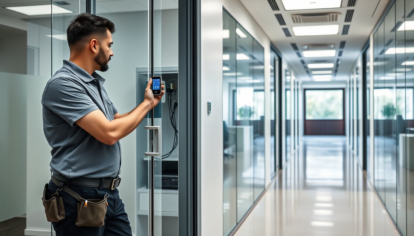 Technician installing a card reader and access control panel on a glass office door in Bangalore