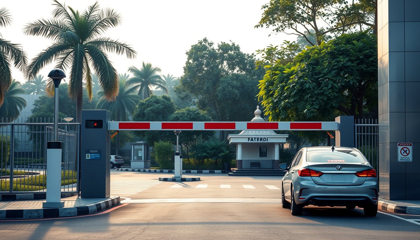 Boom barrier installation at a Bangalore corporate office campus with RFID reader and ANPR camera