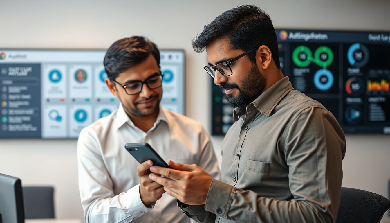 Indian IT manager demonstrating BYOD mobile device management enrolment on a smartphone in a Bengaluru office