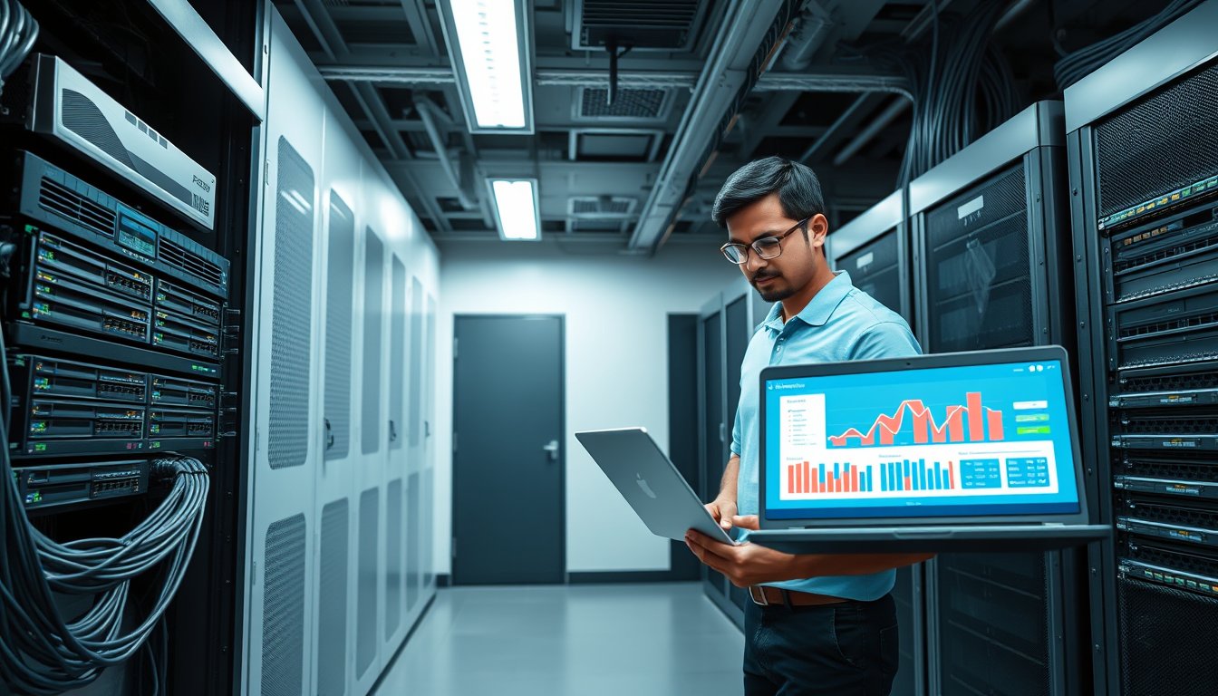 Technician in a server room configuring an NVR and NAS storage for a business CCTV system