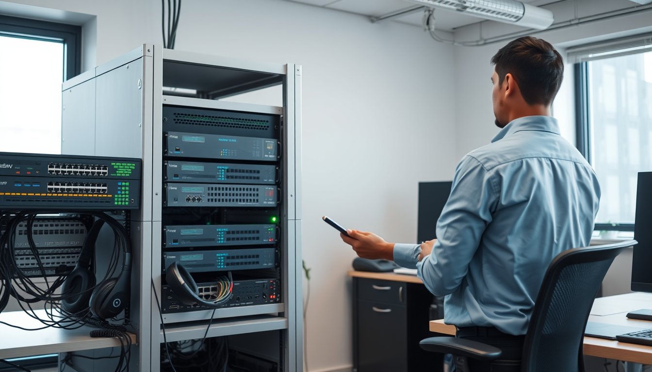 IT technician configuring cloud telephony VoIP gateway and network switches in an Indian office communications rack