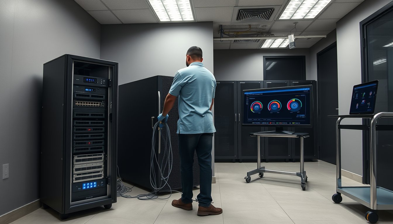 IT technician managing NAS backup storage in an Indian office server rack for data retention