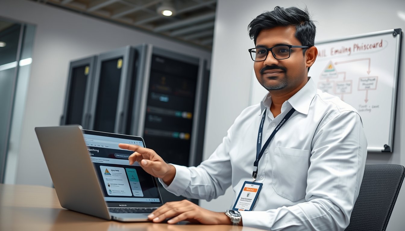 IT professional analysing email security dashboard with phishing email protection in Bangalore office