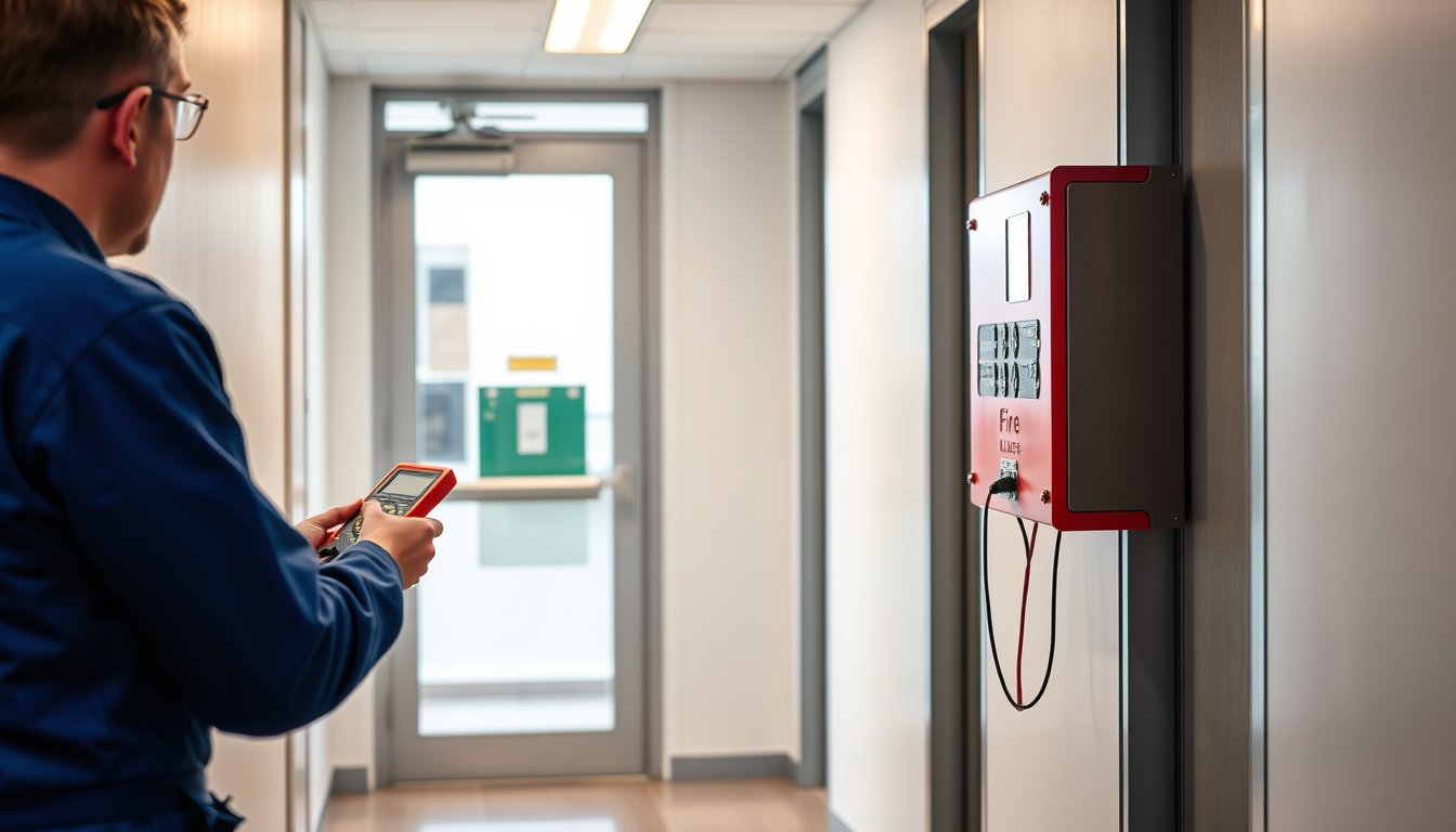Technician testing fire alarm relay connection next to an access-controlled door with break-glass release