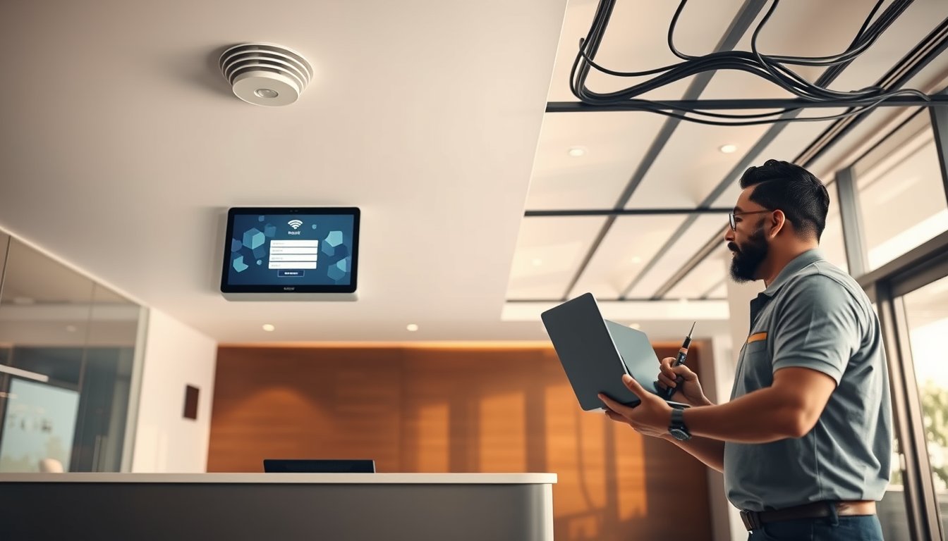 IT technician configuring a ceiling-mounted WiFi access point in a modern office reception area for guest WiFi