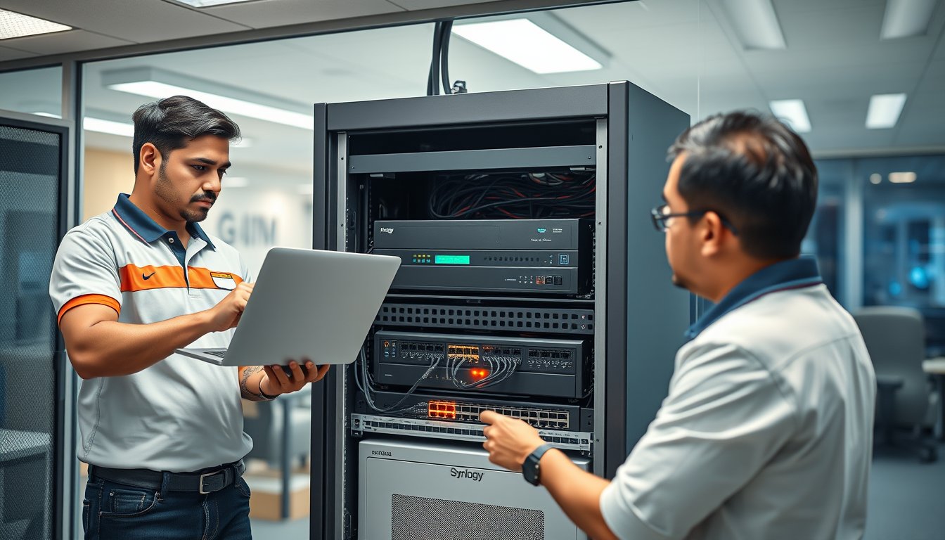 IT technicians configuring network rack and firewall in an Indian office server room for a hybrid cloud deployment