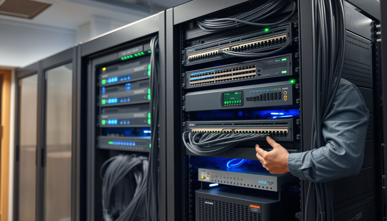 IP PBX system installed in a Bangalore office server rack with network switches