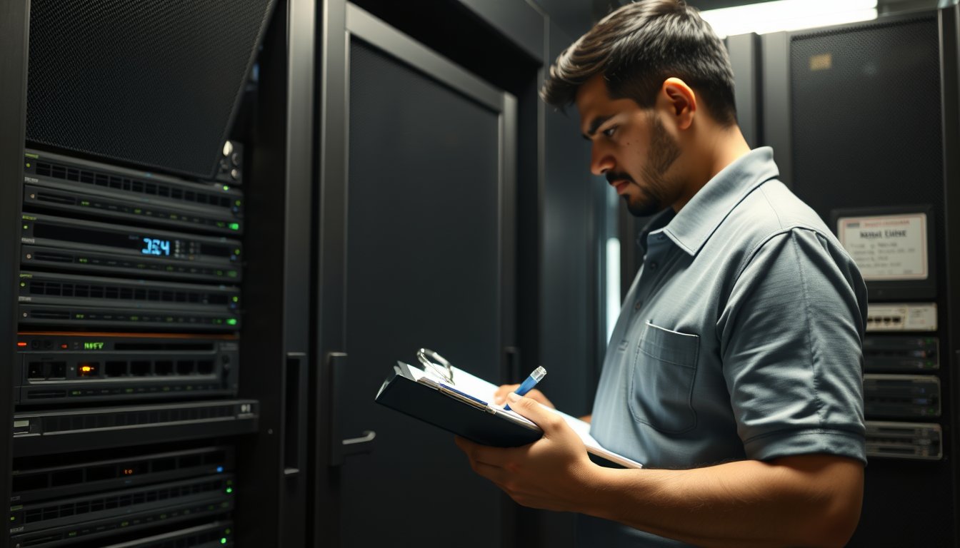 Technician inspecting server rack asset tags during ISO 27001 infrastructure audit