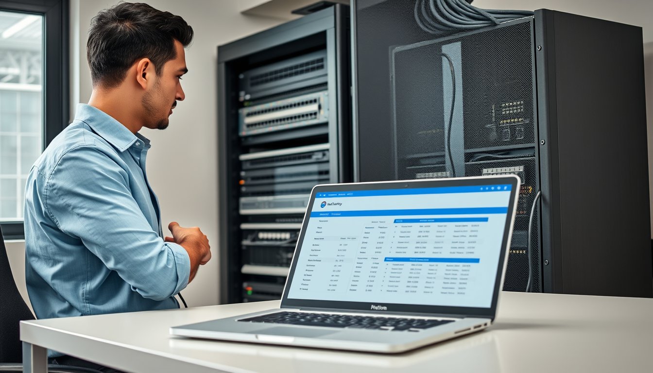IT technician reviewing network assets in a small server room for asset management inventory