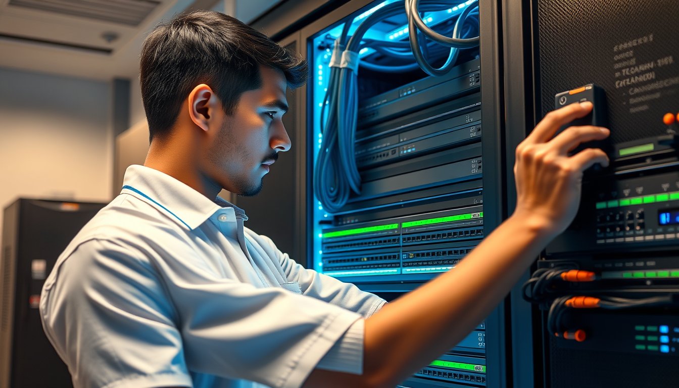 IT technician setting up network rack in new Bangalore office server room