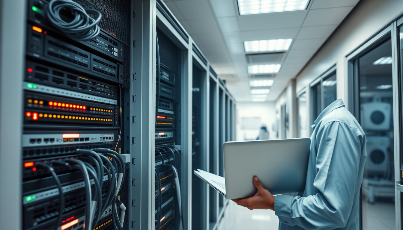 Hospital IT server room in Bangalore with technician monitoring network and PACS infrastructure
