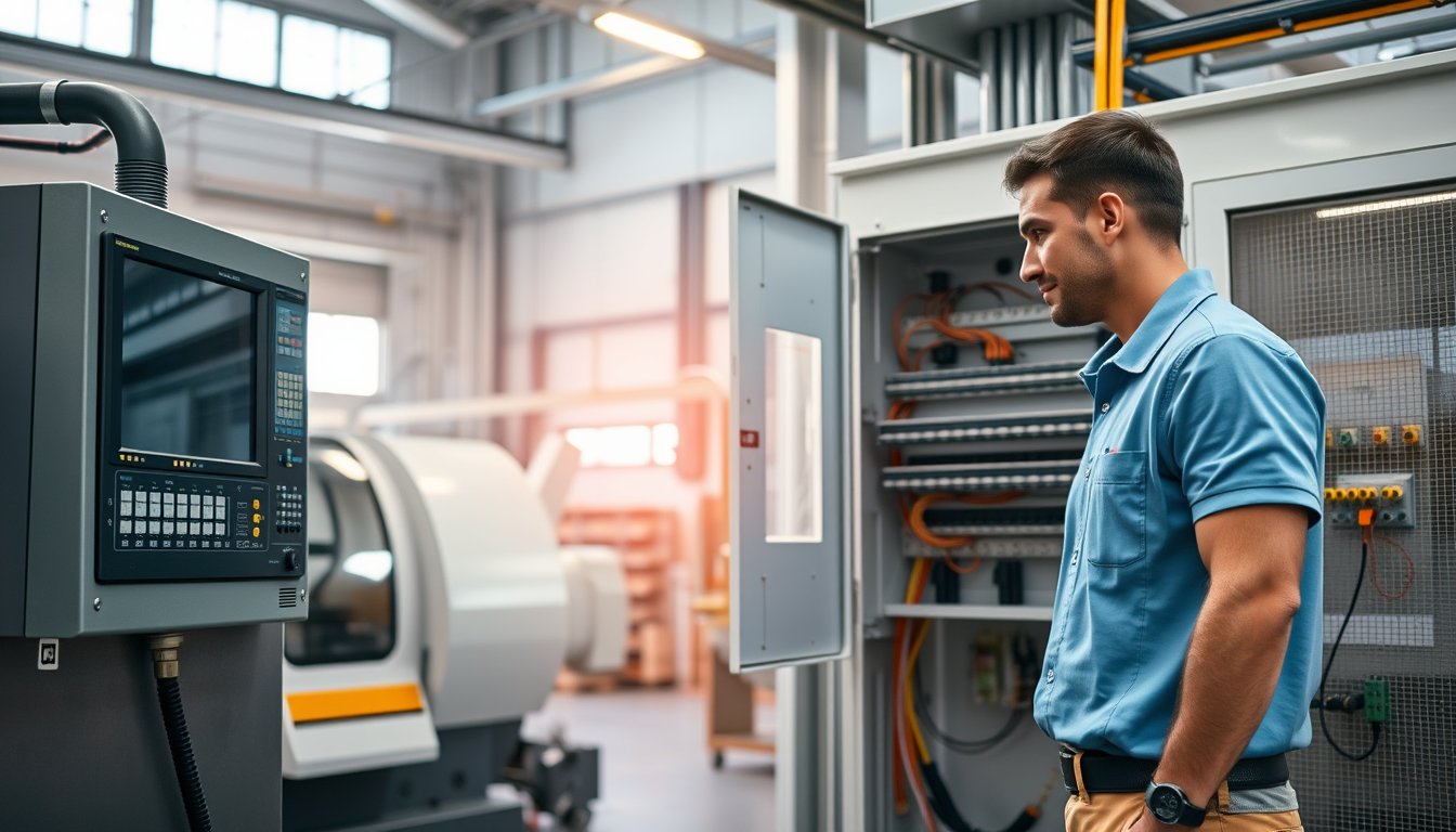 IT technician inspecting an industrial network switch inside a control panel at an Indian manufacturing plant