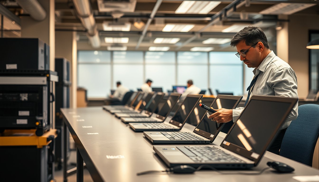 IT technician inspecting business laptops on a service bench during a corporate refresh cycle audit