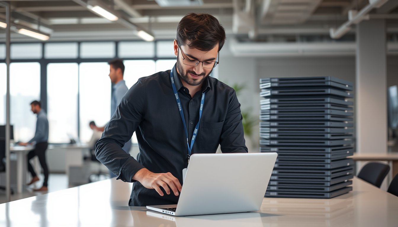 IT technician inspecting rental laptops in Bangalore office for corporate deployment