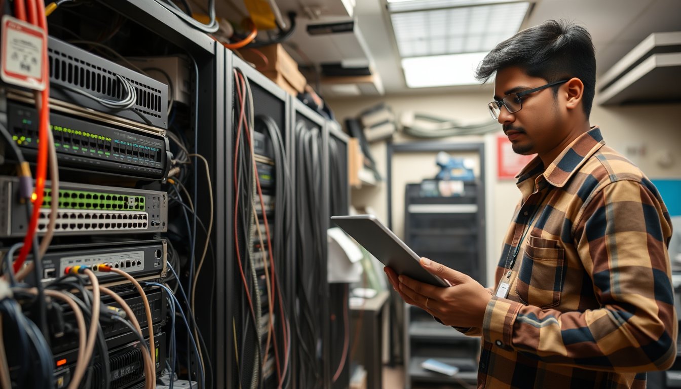 Indian office server room with network equipment for leased line connectivity.