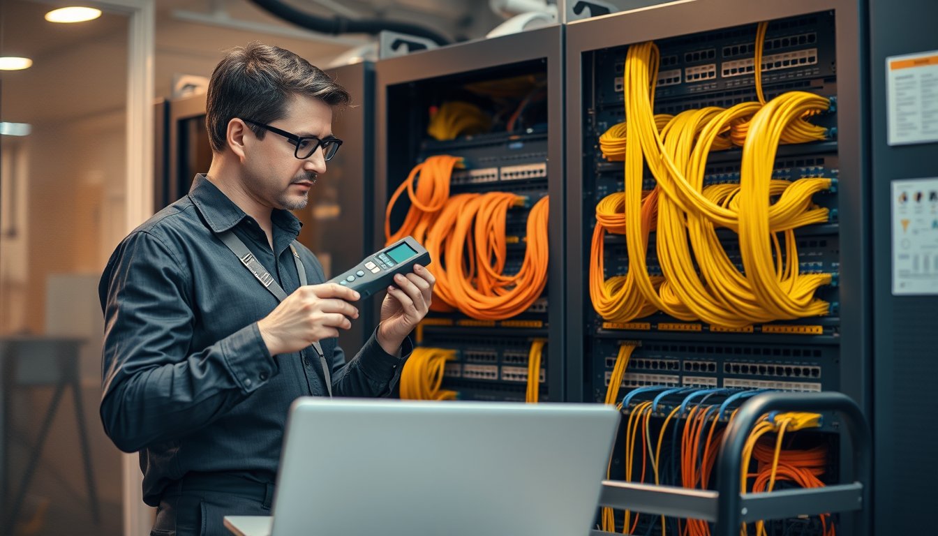 IT technician performing a network audit on a rack of switches and Cat6 cabling in a Bangalore office server room