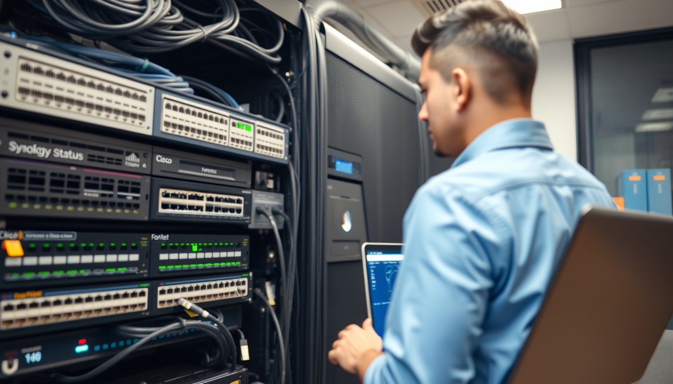Network rack in a Bangalore office server room with switches, NAS, and a technician reviewing monitoring dashboards