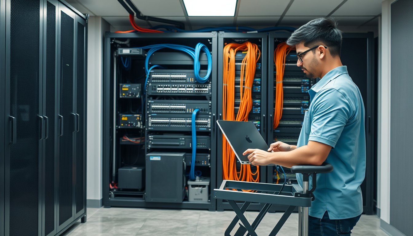 Network rack installation in a Bangalore office server room with structured cabling and UPS