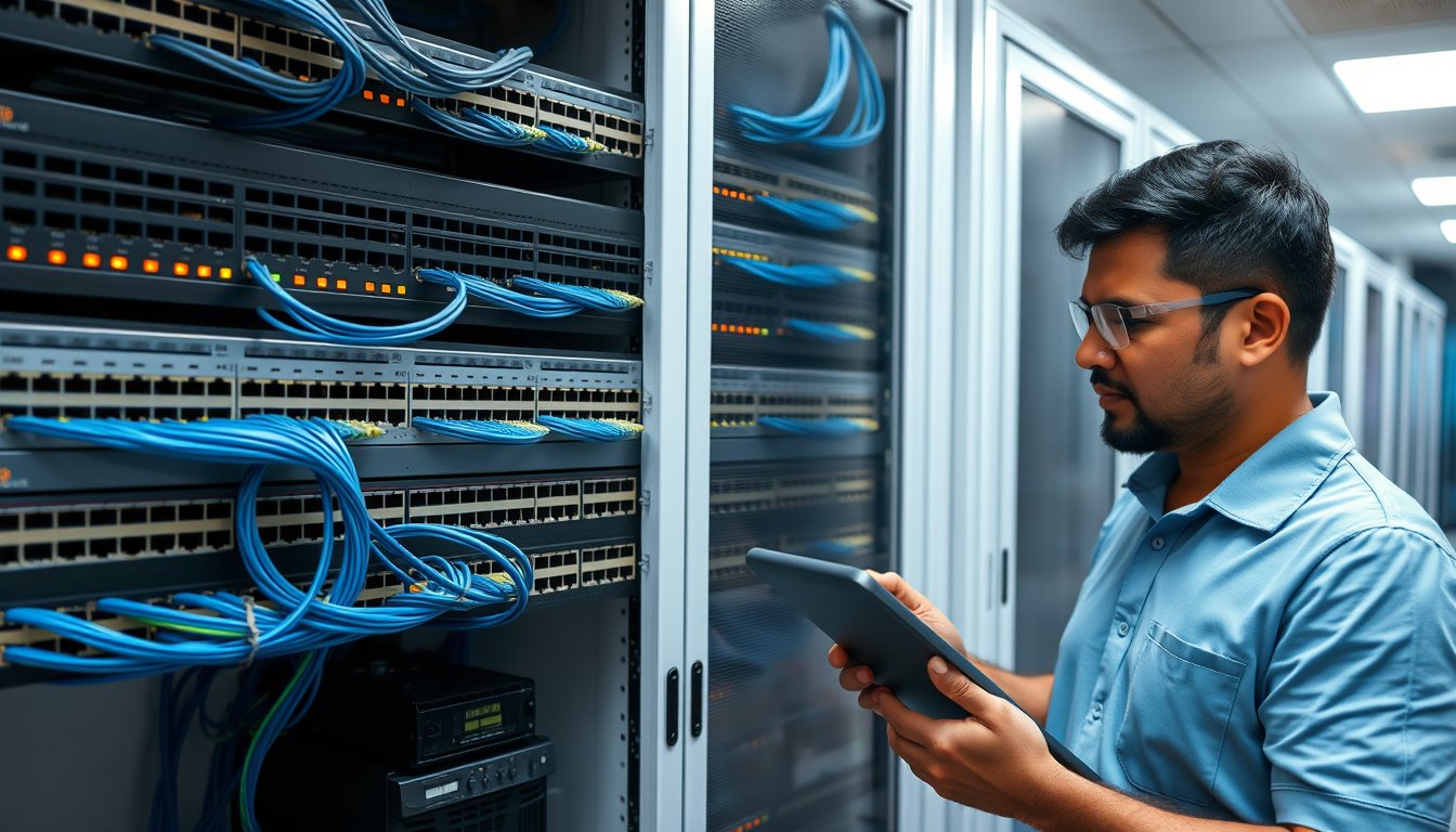 Bangalore network switch dealer technician checking a managed switch and patch panel in a wall-mounted office rack