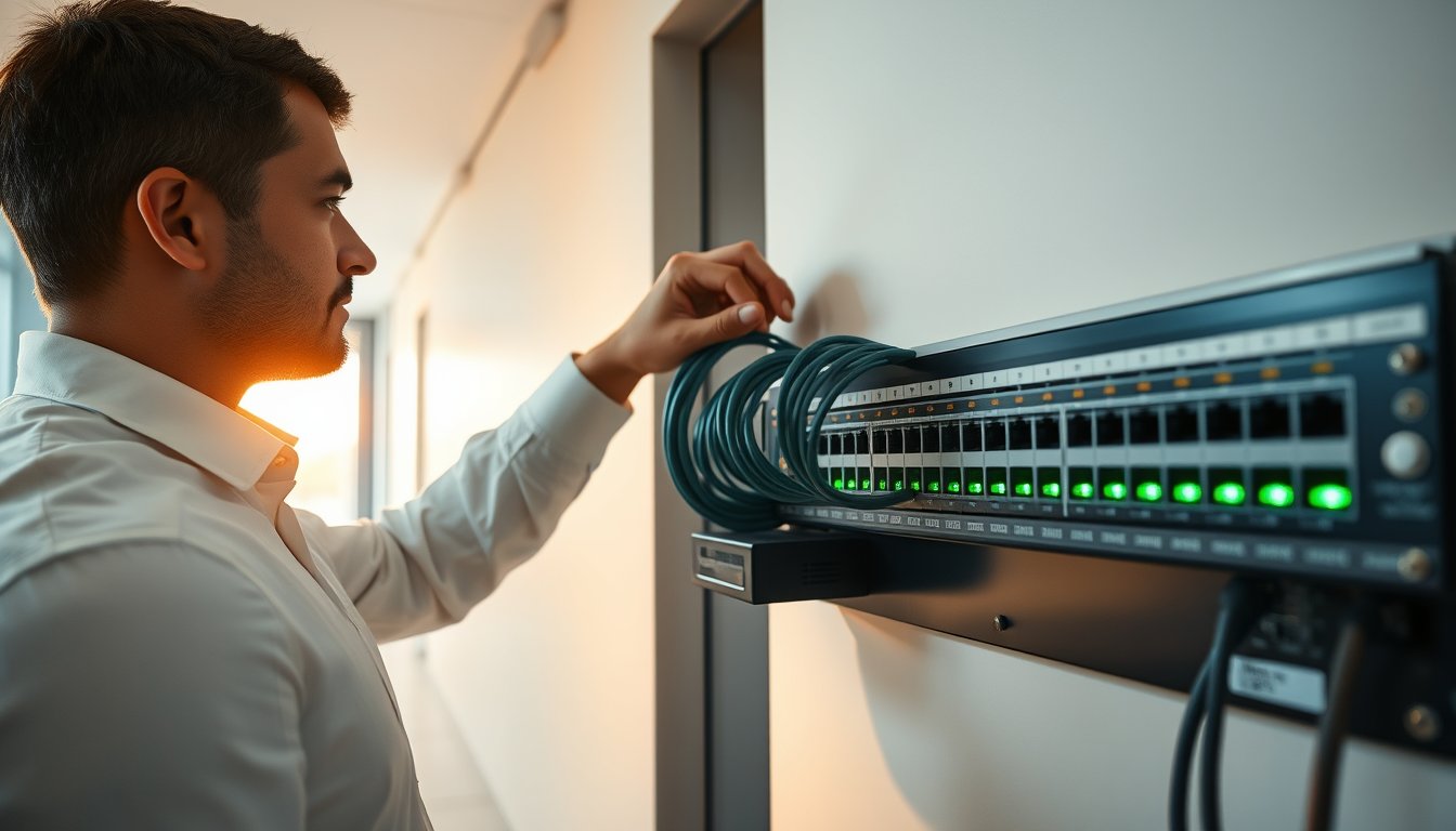 IT technician inspecting a PoE switch installed in a wall enclosure for IP camera deployment