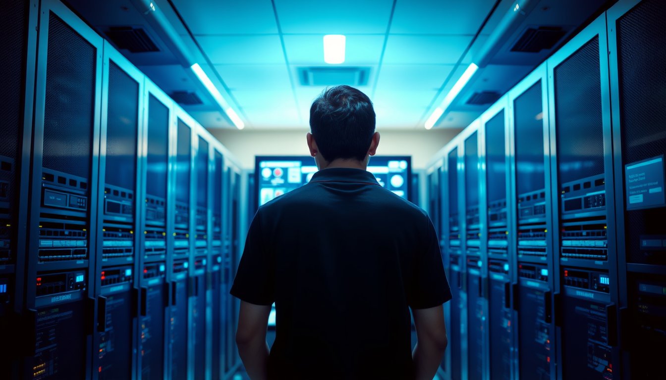 Indian IT technician monitoring servers for ransomware protection in a Bangalore office