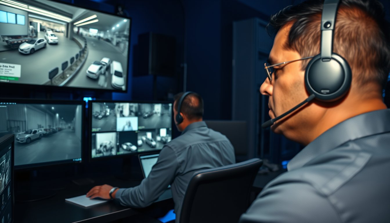 Security operations centre operator monitoring CCTV feeds for a Bangalore business