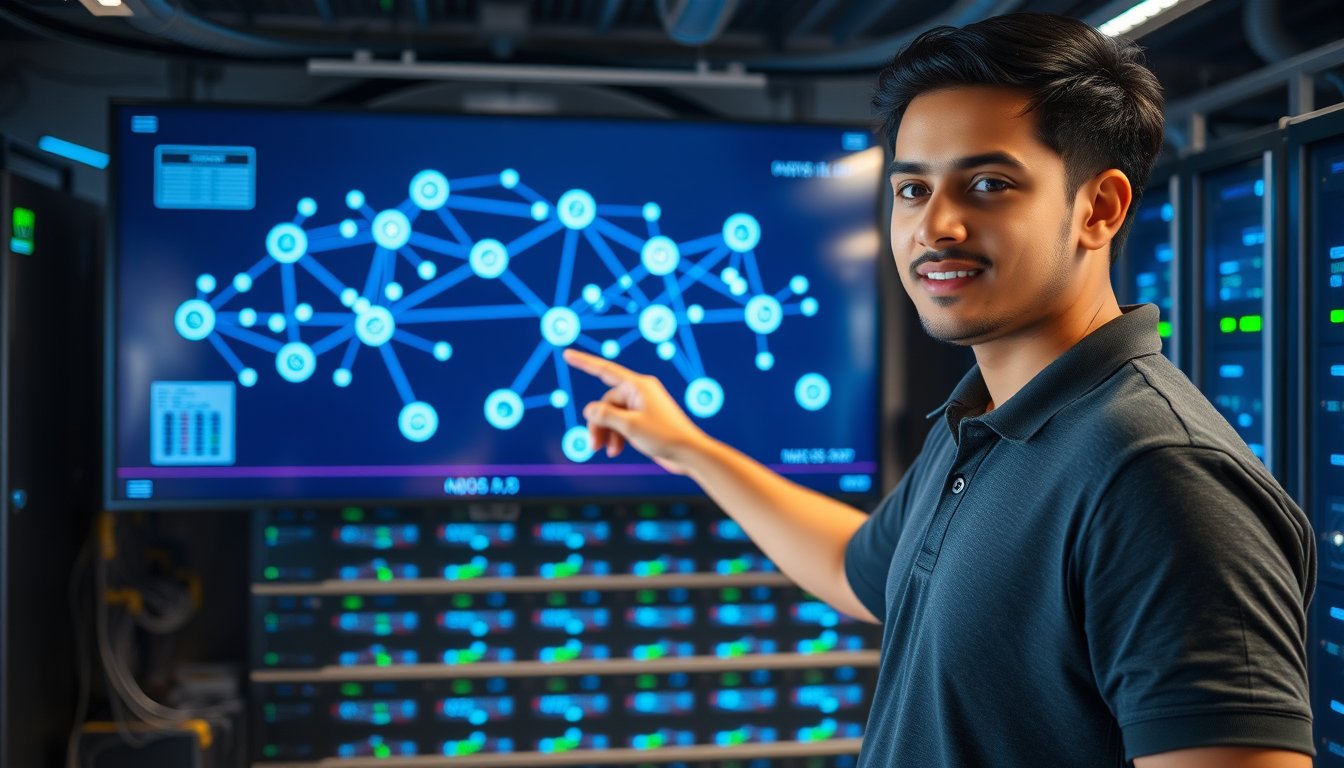 IT engineer monitoring SD-WAN network dashboard in Bangalore NOC with server racks