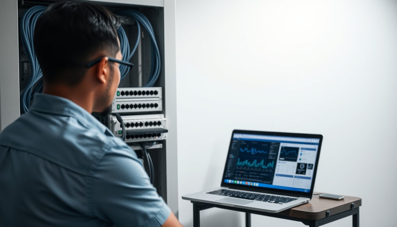 IT engineer configuring secure remote access firewall and network rack in a Bangalore office