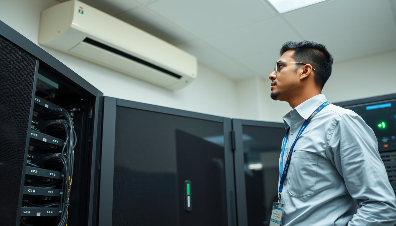 Technician organizing cables in a Bangalore server room with rack and UPS