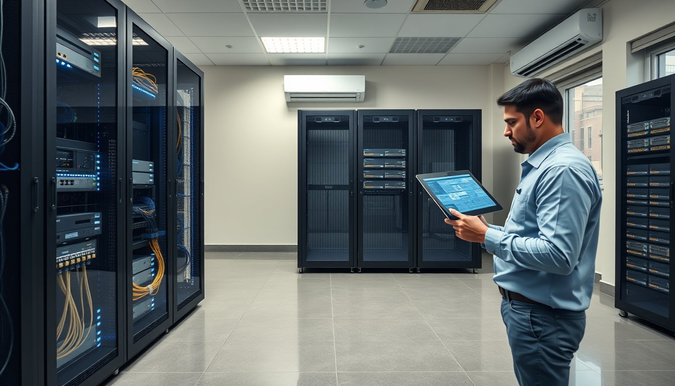 IT engineer reviewing a consolidated server rack during a virtualization cost savings calculation project