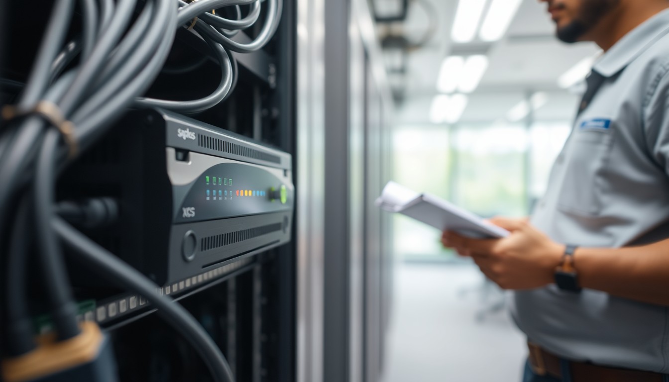 Network rack with Sophos firewall unit and technician in Bangalore office