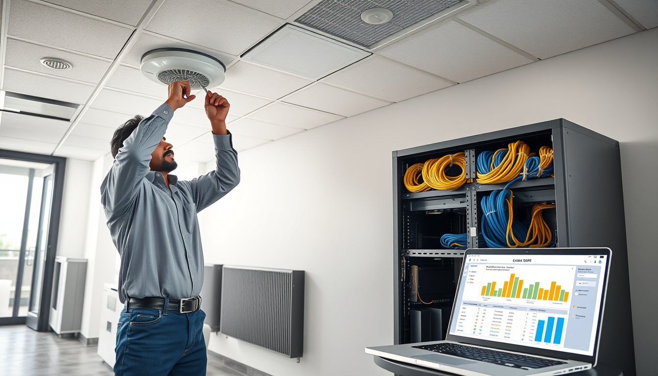 IT technician mounting a wireless access point on an office ceiling near a network rack in Bangalore
