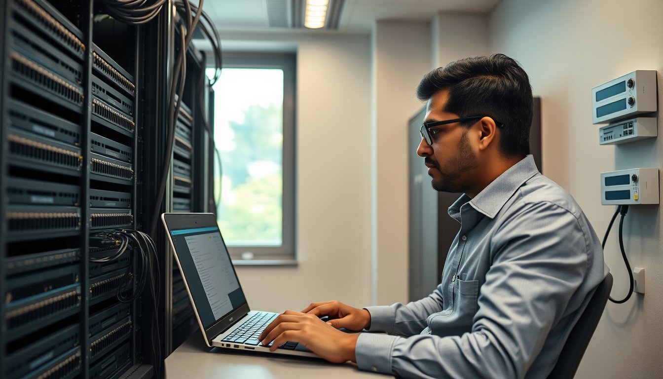 IT technician configuring a unified communications voice gateway in a Bangalore office server rack
