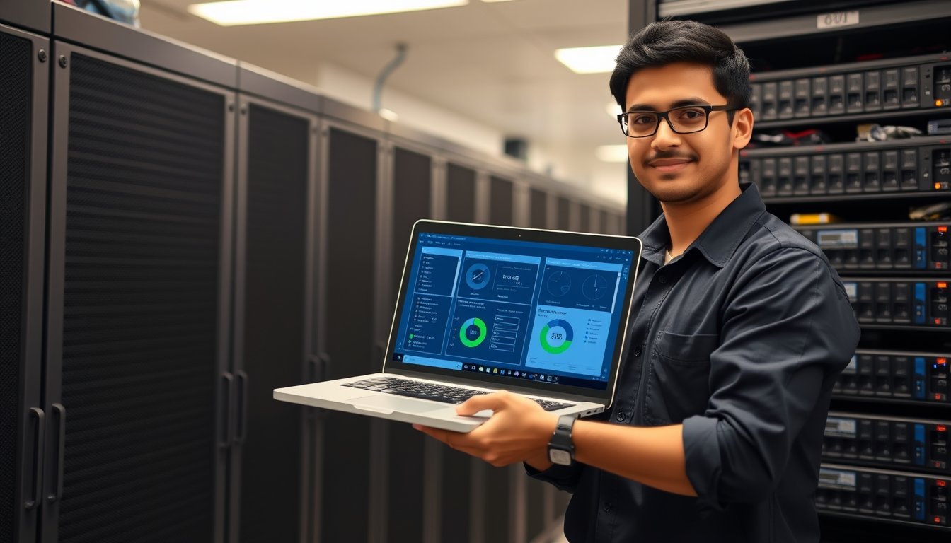 IT technician monitoring Veeam backup dashboard in a Bangalore server room