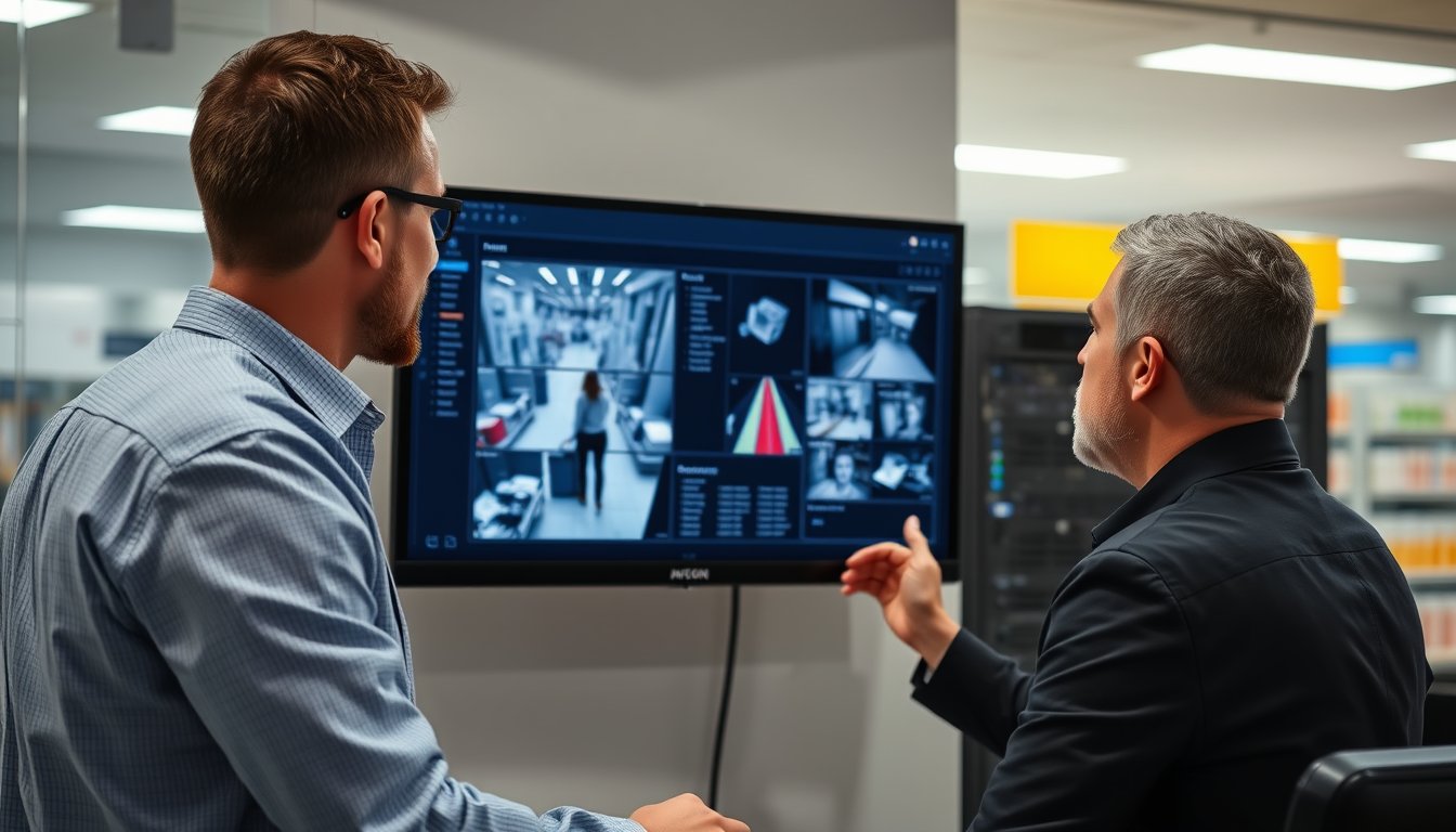 IT technician and retail manager reviewing video analytics dashboards for footfall counting in a Bangalore store