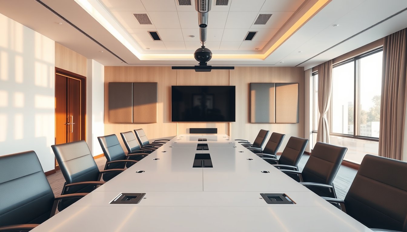 Empty modern boardroom in Bangalore office with video conferencing camera bar and display, ready for meeting