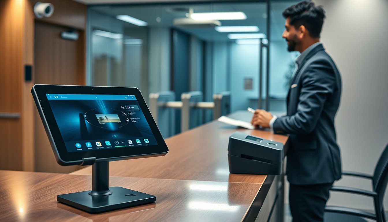 Visitor management system at a Bangalore office reception with tablet, badge printer, and access control