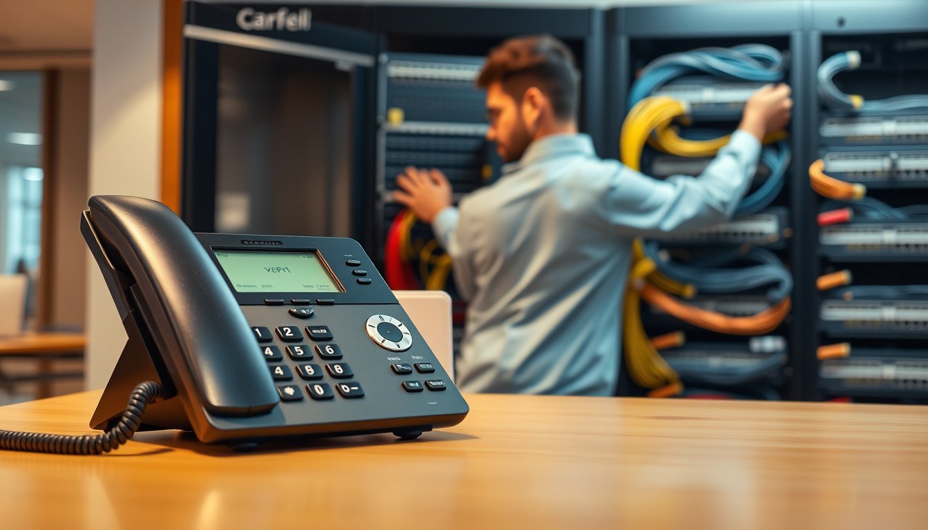 VoIP desk phone on a Bangalore office reception desk with network rack in the background